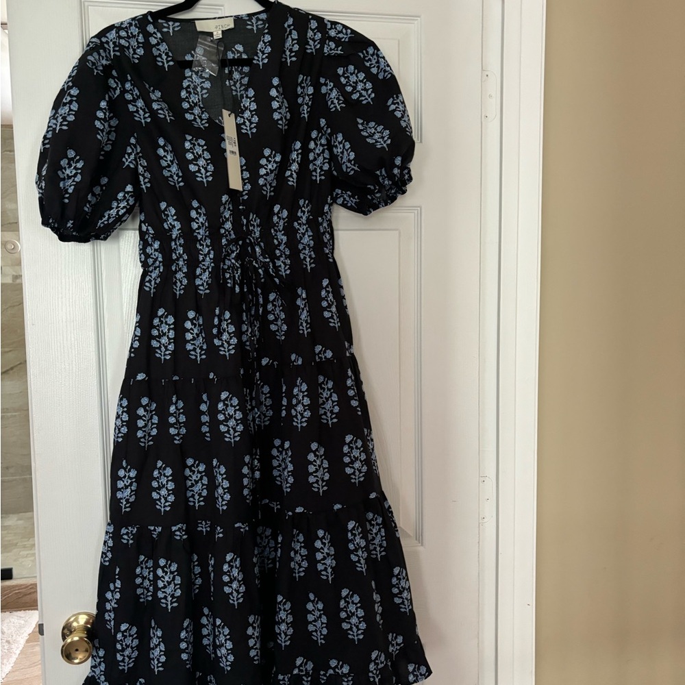 Pinch Black and White Smocked Puff Sleeve Midi Dress